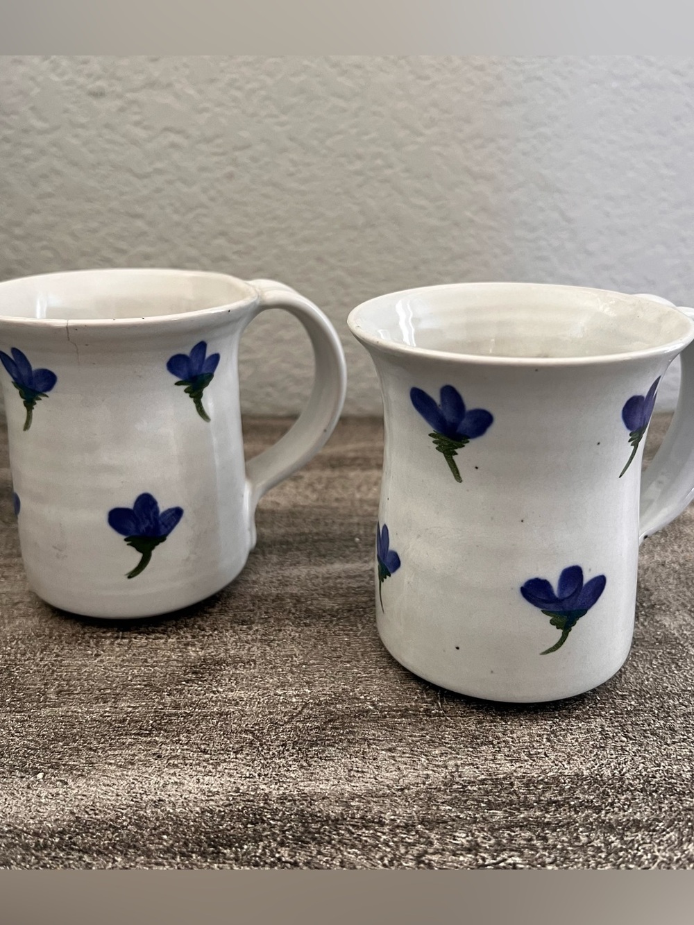 Set Of 2 Vintage Burnett Art Pottery Mug Blue Floral Signed Hand Thrown